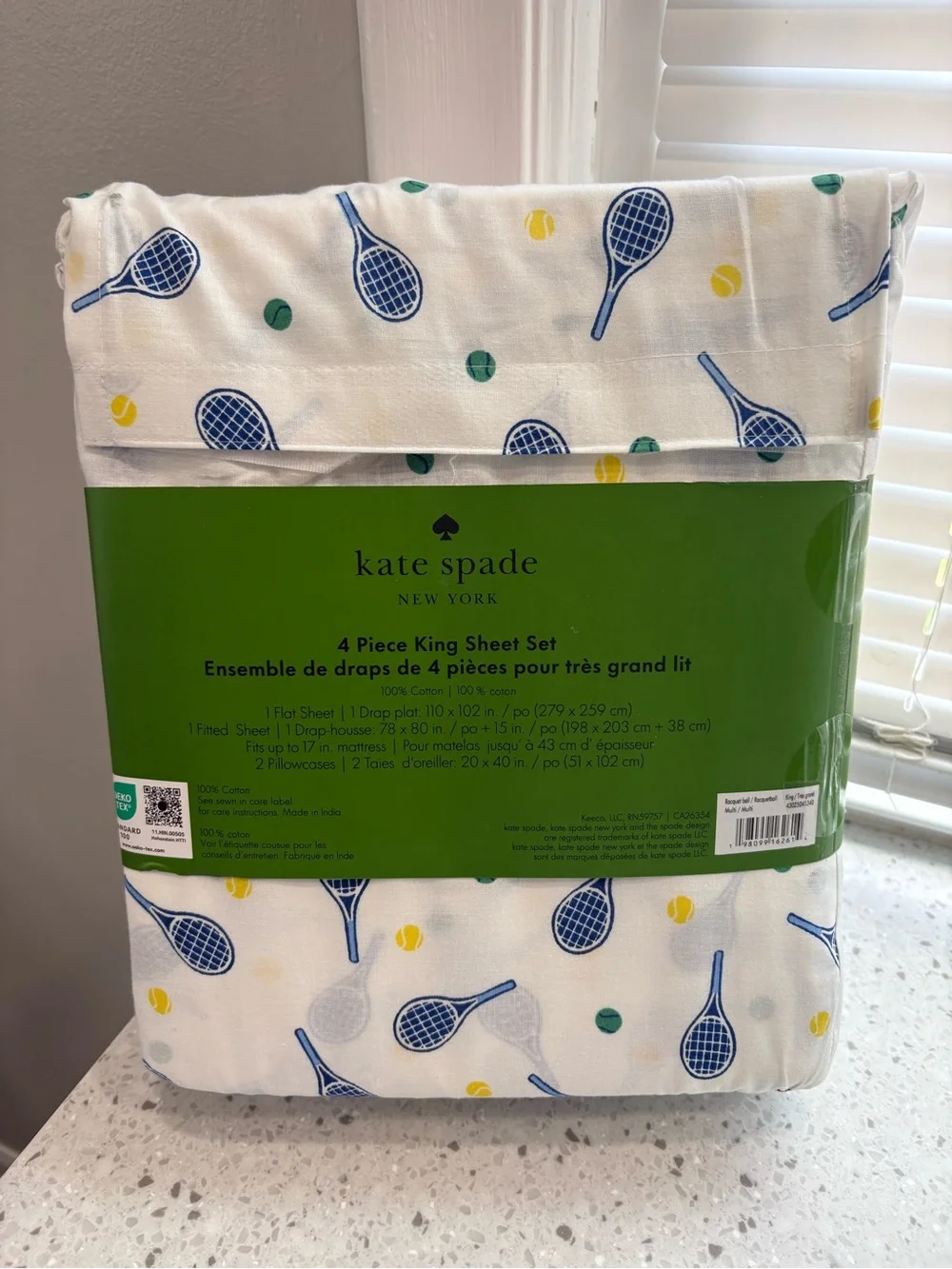 NEW Kate Spade New York Tennis Print Cotton King Sheet Set - White & Navy